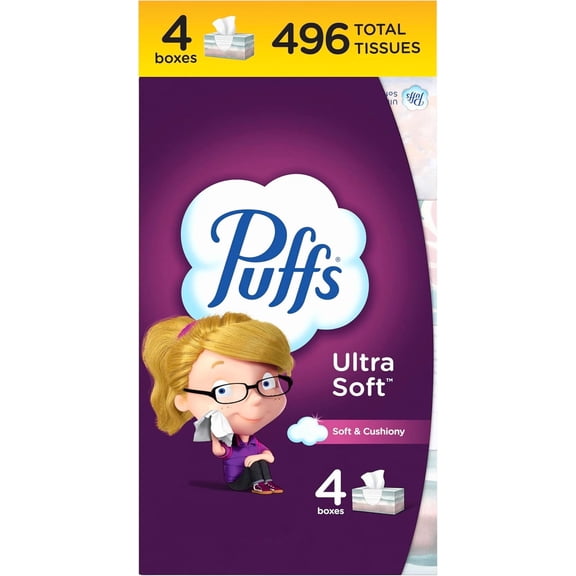 Ultra Soft Facial Tissues, 4 Family Size Boxes, 124 Facial Tissues per Box, Allergies and Colds