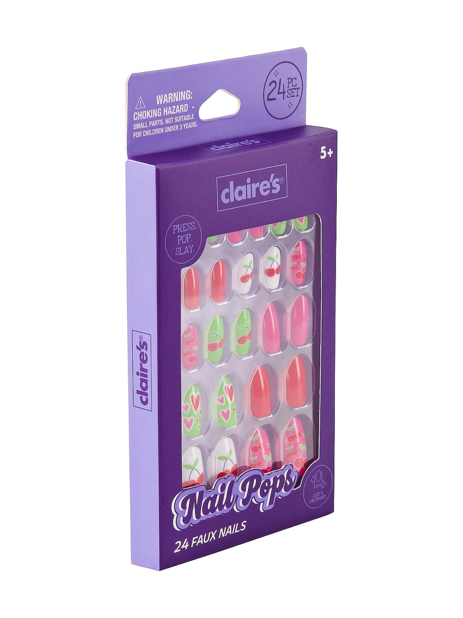 Claire's Cherry Heart Print Oval Shaped Press-on Nails, 24 Nails