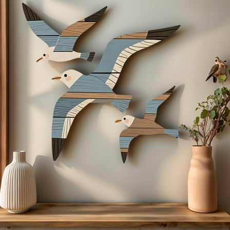 Wooden Seagull Wall Decor Set of 3 - Coastal Nautical Hanging Art for Beach House, Nursery & Living Room | Gray Handmade Bird Ornaments 8.6x9.1in