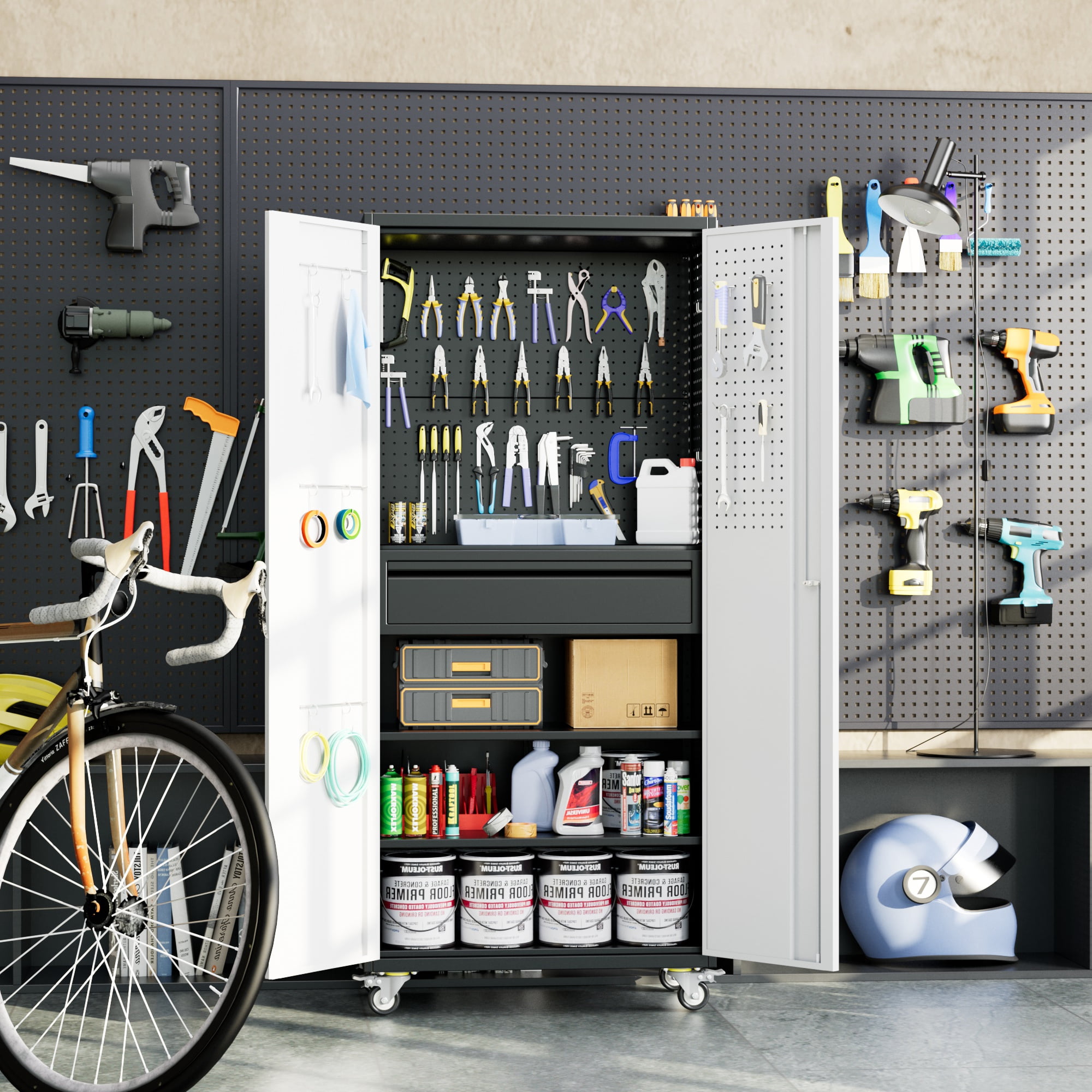 Aobabo 71" H Metal Garage Cabinet with Wheels with 5 Pegboards & 1 Drawer,Lockable Steel Tool Storage Cabinet for Garage,Home,Office,Warehouse,Assembly Required,Black+Gray
