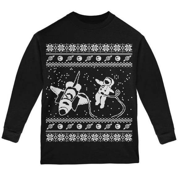 Astronaut in Space Ugly XMAS Sweater Black Youth Long Sleeve T-Shirt - Youth Large