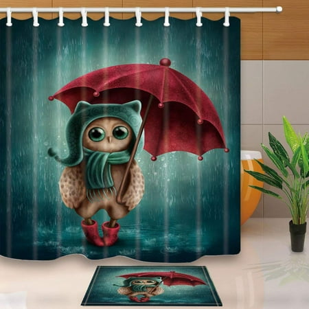 Rainy Day Rubber - ARTJIA Creative Decor Rainy Days Owls Holding Umbrellas Shower Curtain 66x72 inches with Floor Doormat Bath Rugs 15.7x23.6 inches