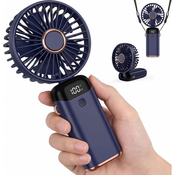 Portable Handheld Fan, 5-Speed Mini USB Rechargeable Personal Fan with LED Battery Display, 180° Foldable Desk Fan & Wearable Neck Fan with Lanyard, Small Pocket Cooling for Travel, Office, Outdoor