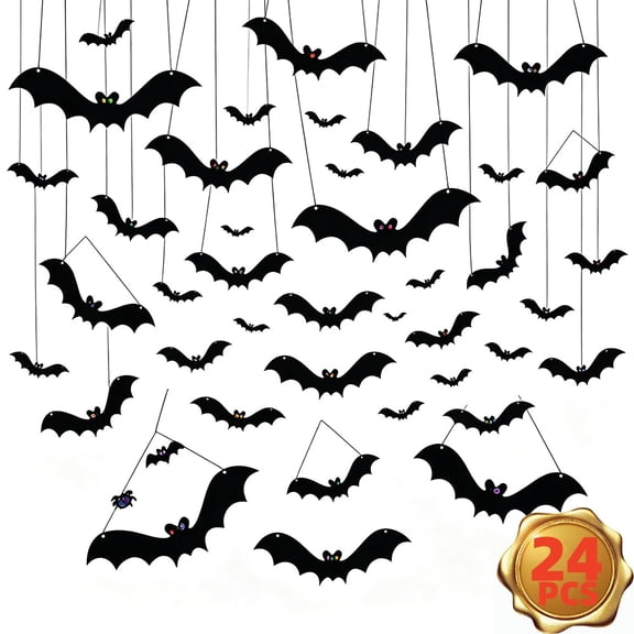 Halloween Hanging Bat, Realistic Scary Black Flying Bats, Indoor Outdoor Vintage Halloween Decor for Halloween Party Decorations, 24Pcs