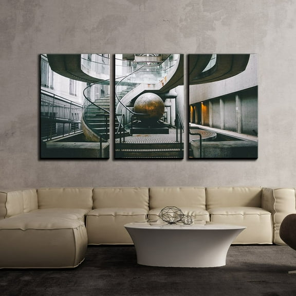 wall26 - 3 Piece Canvas Wall Art - Retro Style Staircase in The Building - Modern Home Art Stretched and Framed Ready to Hang - 16"x24"x3 Panels