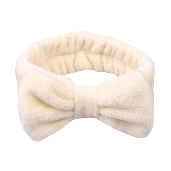 Plush Bow Headbands for Women - Wide Spa Facial Soft Elastic Hair Band for Washing Face Skincare Makeup Bath Daily Use Beige