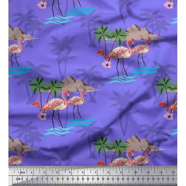 Soimoi Purple Rayon Crepe Fabric Palm Tree, & Flamingo Bird Print Sewing Fabric Yard 46 Inch Wide