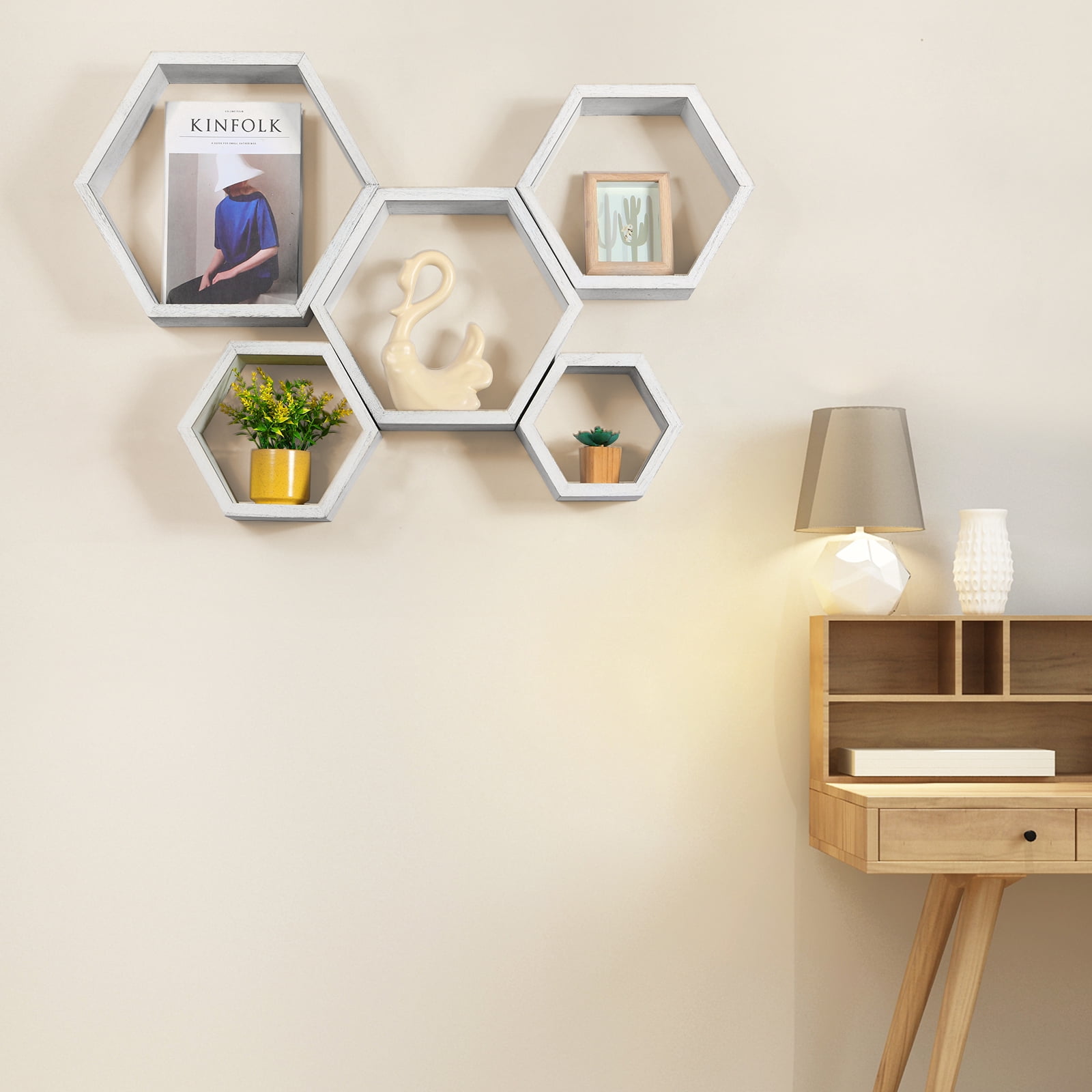 Hexagon Floating Shelves 5 Different Sizes Honeycomb Shelves for Wall, White