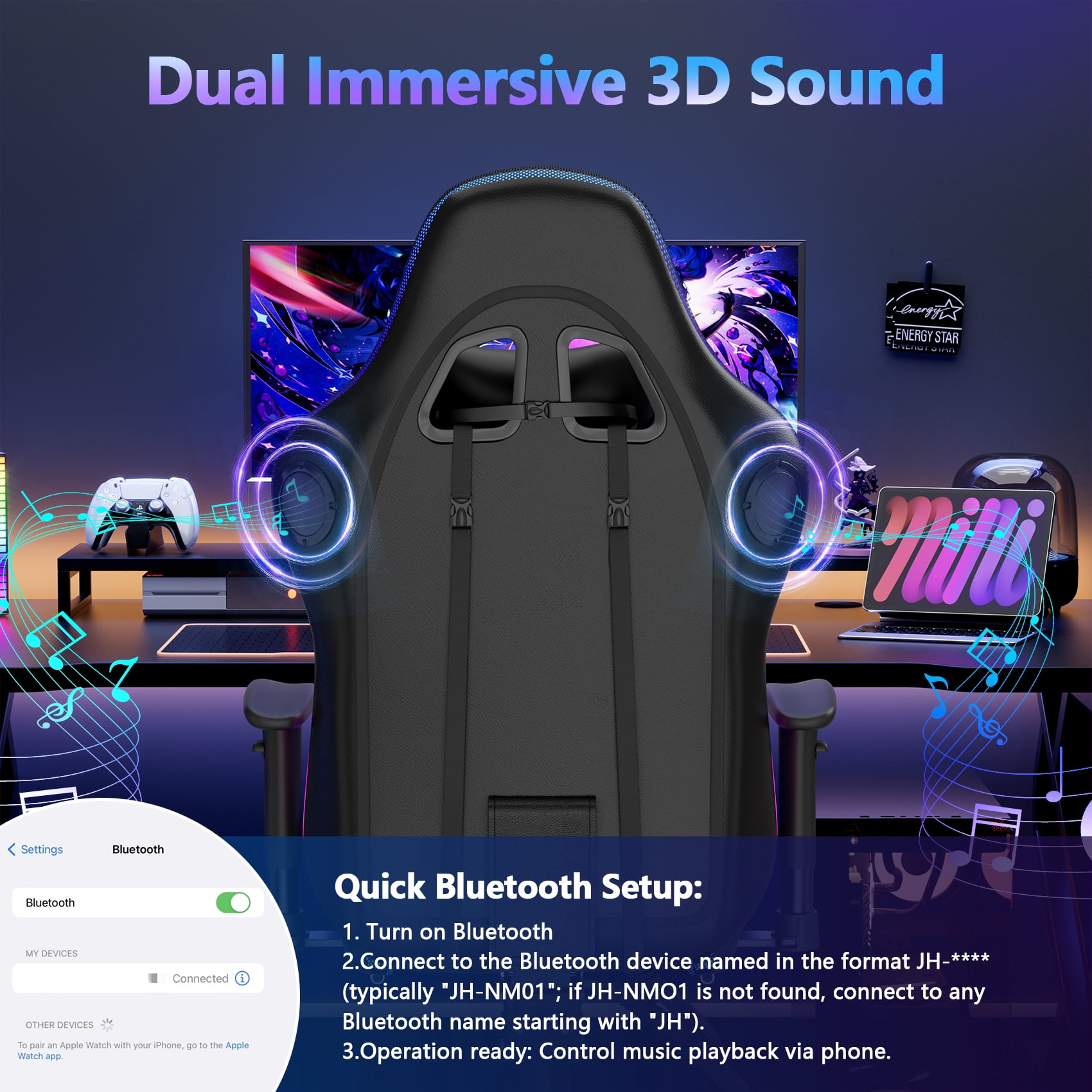 Mr IRONSTONE Gaming Chair for Adults, 7 Point Massage Computer Chair with Bluetooth Speakers RGB, Heavy Duty 400lbs Ergonomic PC Chair with 3D Armrests Footrest, Red/Black