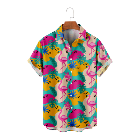 

MLFU Teens Mens Hawaiian Aloha Beach Shirts Regular Collared Shirts Relaxed-Fit Flamingo Clothing Size 100-170/XXS-8XL