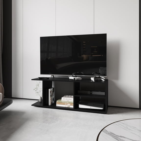 Black Entertainment Center For Living Space. Spacious Shelves Books & Media. Large Storage Compartment. Compact Functional. Fits 70 - 79" Tvs. Engineered Wood Construction Center, Decor. Ample
