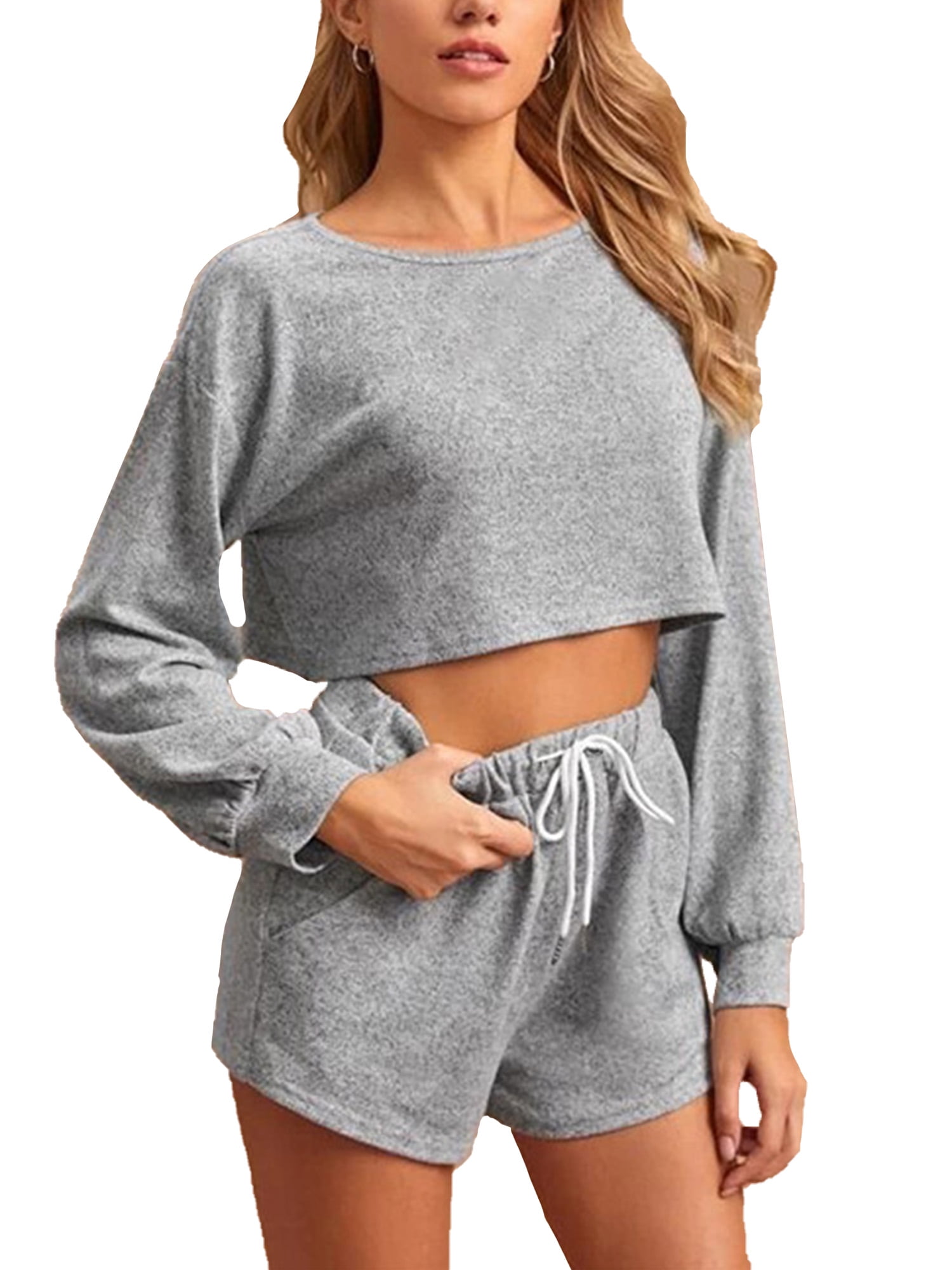 Womens 2 Piece Outfit Ribbed Long Sleeve Pullover Crop Tops Bodycon Long Pants Set Fall Sweatsuits Tracksuit Loungewear Sets
