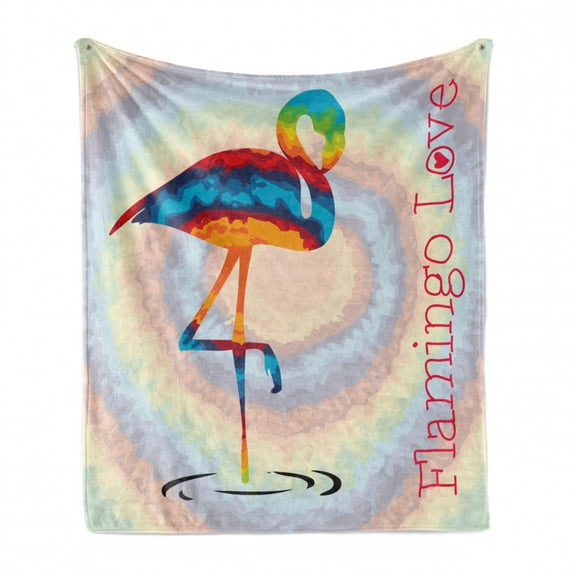 Flamingo Soft Flannel Fleece Blanket, Single Flamingo Rainbow Color Tie Dye Effect Background Animal World Artwork Print, Cozy Plush for Indoor and Outdoor Use, 70" x 90", Multicolor, by Ambesonne