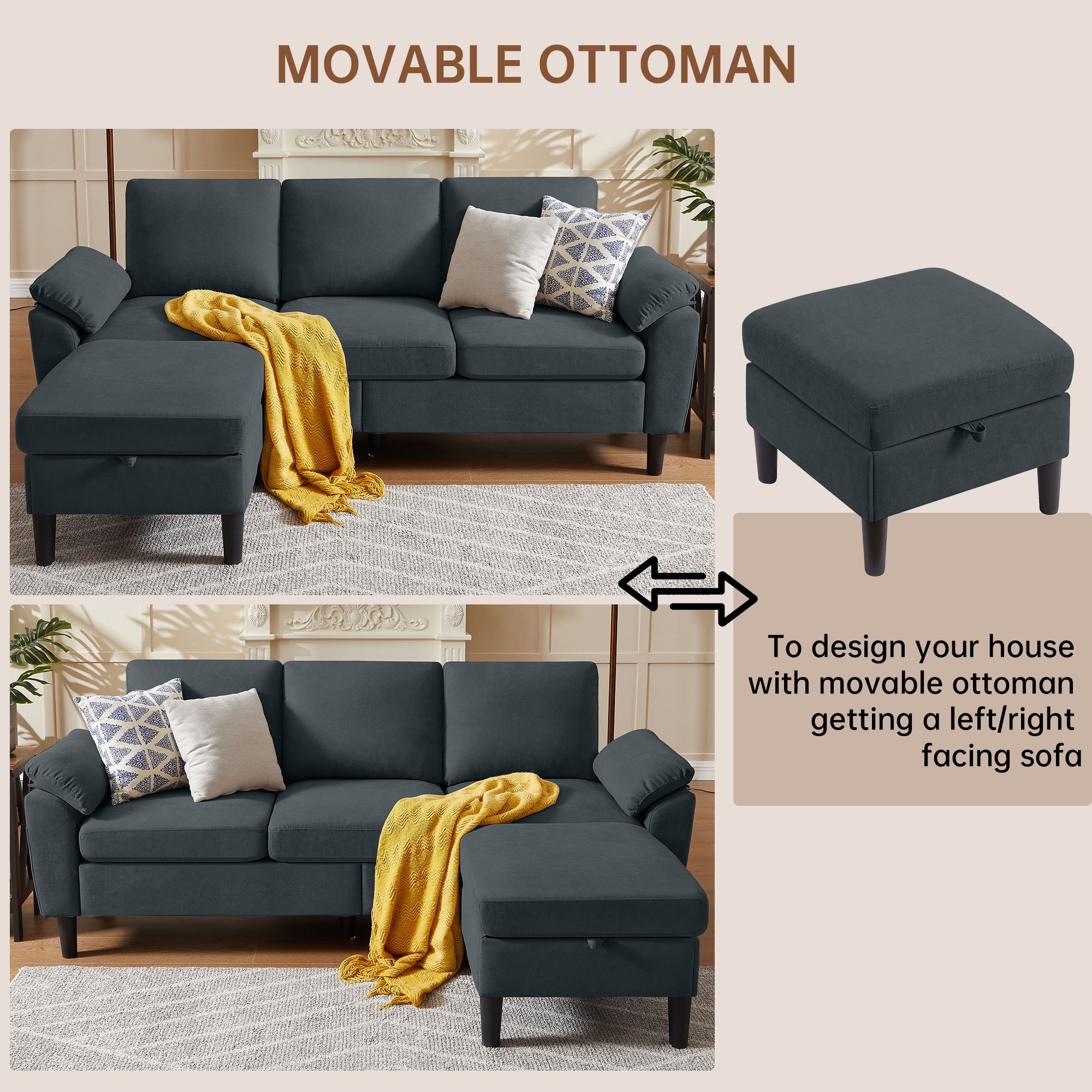 Pingliang Home 80" Sectional Sofa Couch,L Shaped 3 Seat with Reversible Storage Ottoman and Side Pockets, Modern Polyester Fabric Sofa Couches for Living Room Apartment Office Studio Small Space