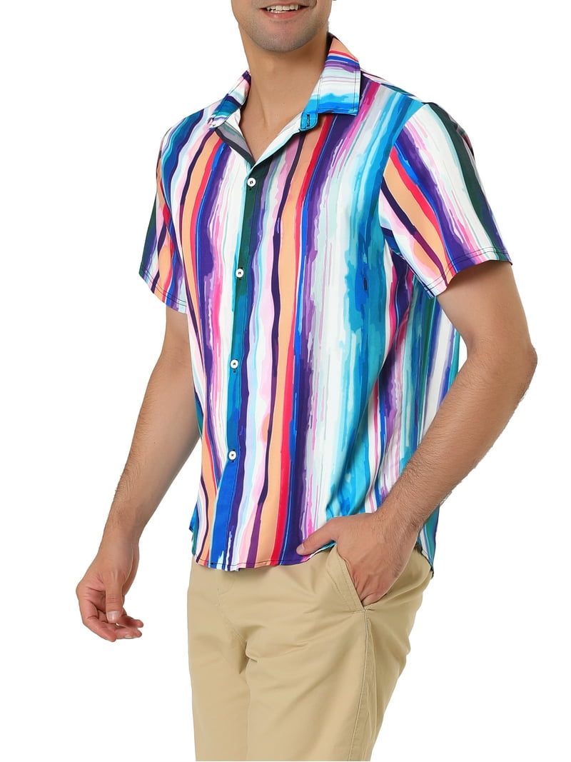 V.H.O. Funky Hawaiian Shirt - Rainbow Vertical Stripes, 100% Terivoile, With Front Pocket, Size XL
