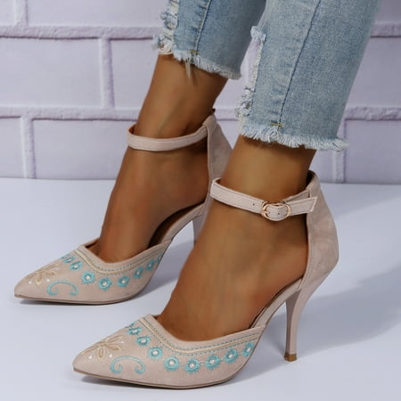 

Womens Ankle Strap Sandals Pointed Toe Stiletto Low Heels with Floral Embroidery Pumps Dress Heeled Shoes