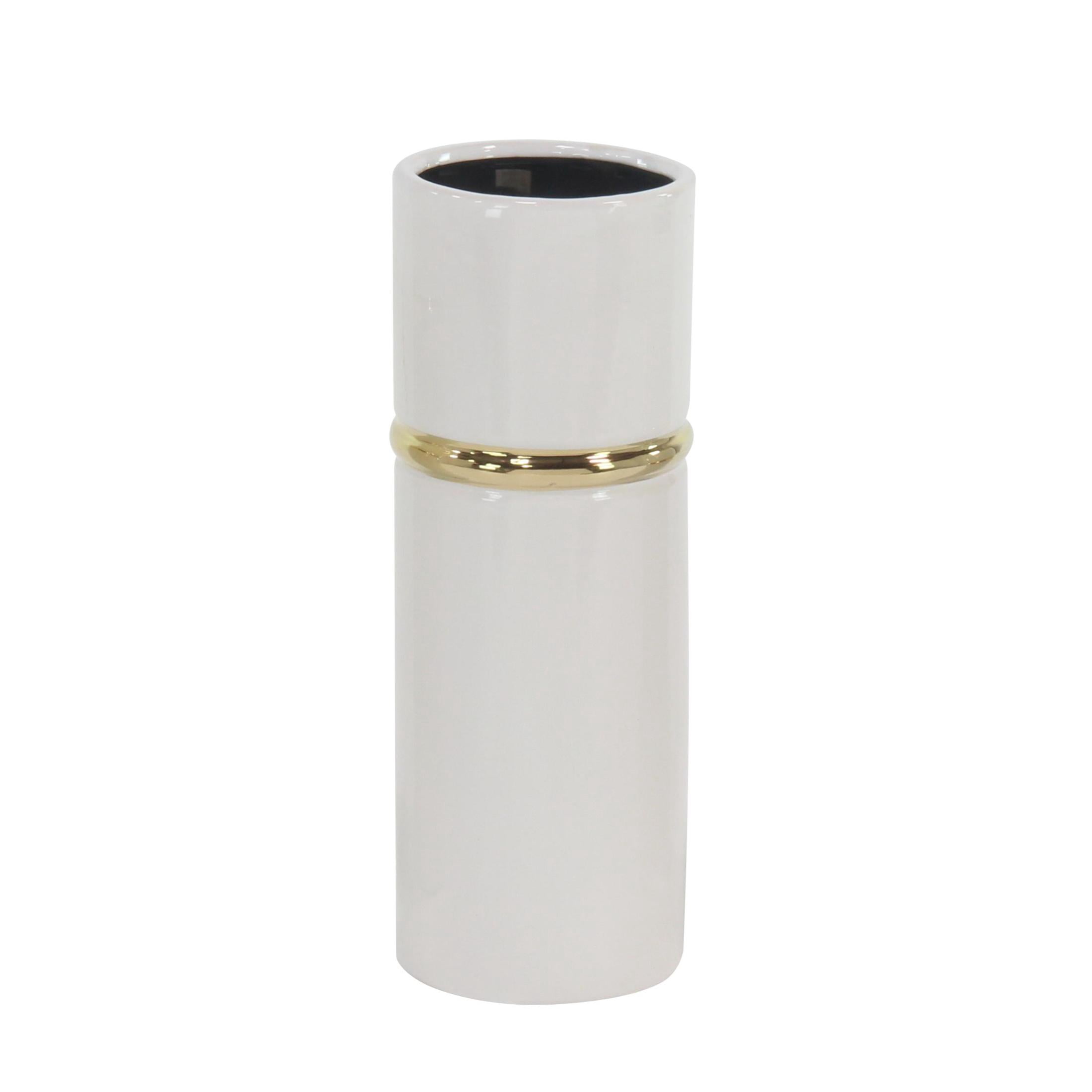 DecMode 12", 14", 16"H White Ceramic Vase with Gold Accents, Set of 3