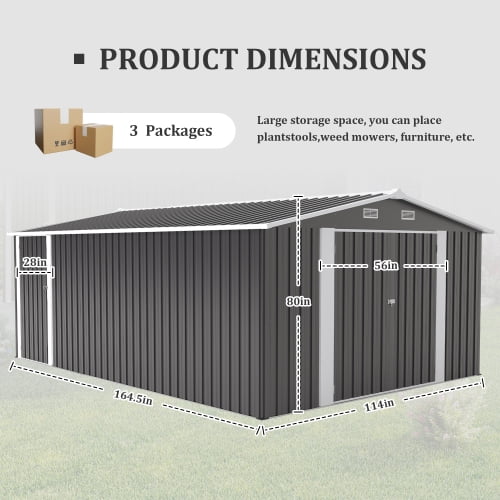 Villeston Outdoor Storage Shed 10×14 FT with 3 Lockable Doors,4 Vents,for Backyard Patio Lawn, Dark Grey