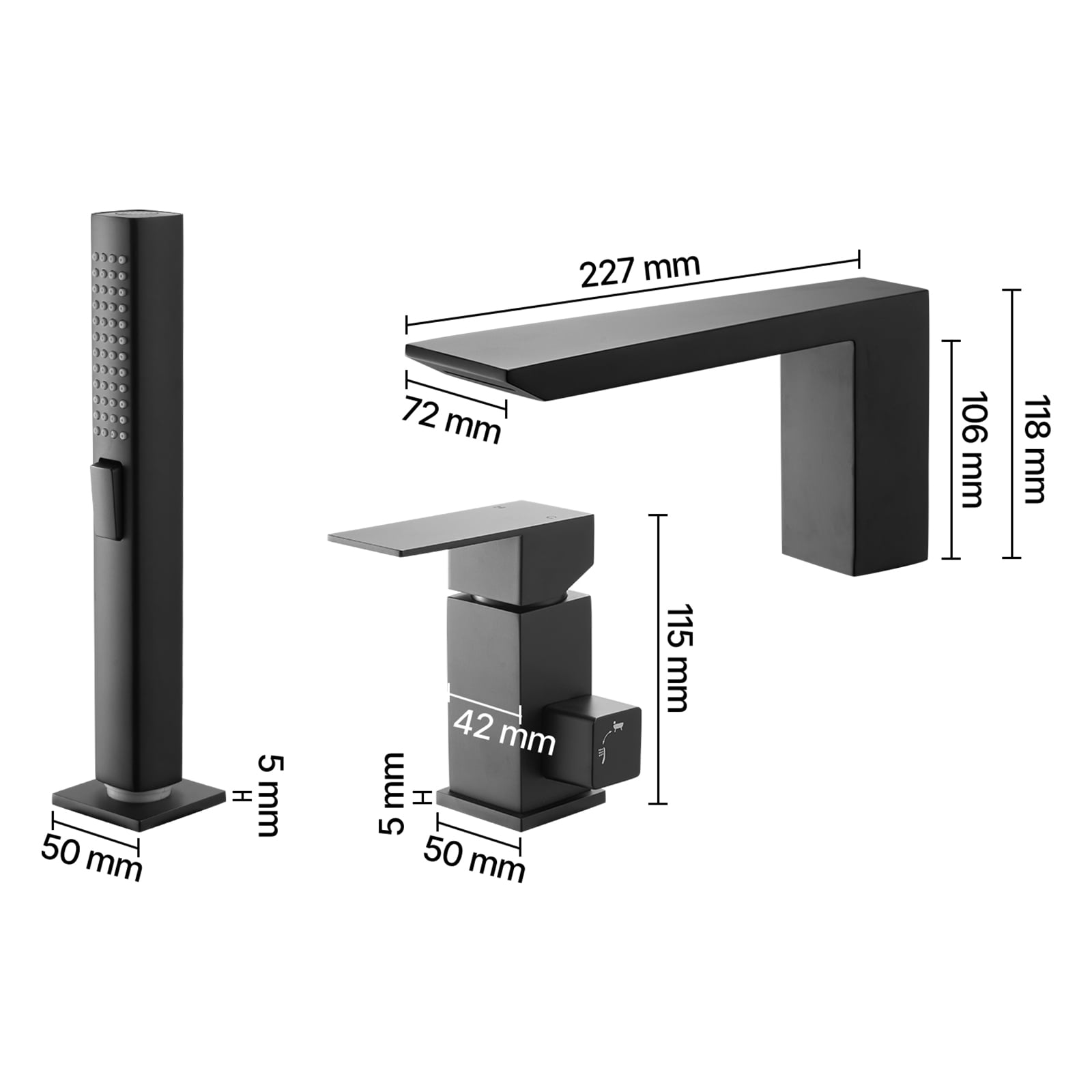 KFFKFF Roman Tub Faucet, 3-Hole Waterfall Bathtub Fixture with Shower Head & Single Handle, Ideal for Bathing and Pet Washing, Matte Black Finish, Durable Stainless Steel Construction