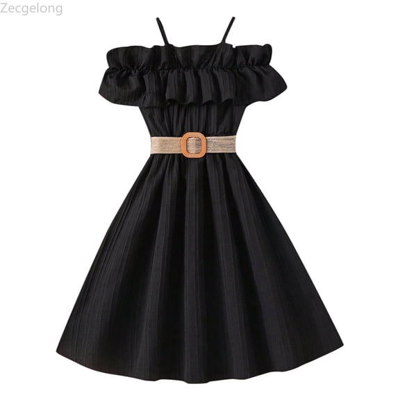 Zecgelong Girls Cold Shoulder Midi Dress Ruffle Trim Short Sleeve Belted A Line Sundress for Summer Beach Size 9-10 Years Black