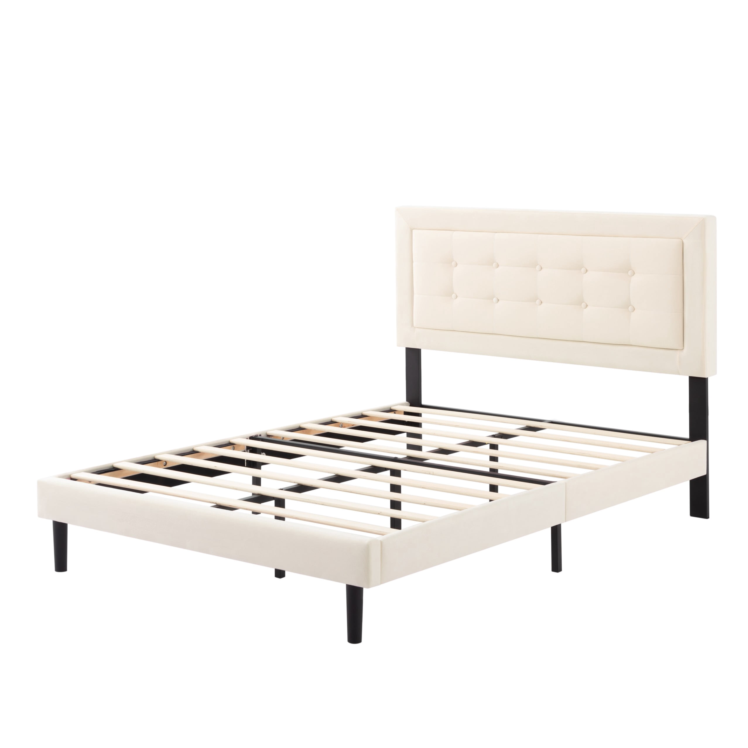 BSHTI Full Size Platform Bed Frame with Square Tufted Upholstered Headboard – Solid Wood Frame, 10 Wood Slats, Center Support Leg, Under-Bed Clearance, No Box Spring Needed, Beige
