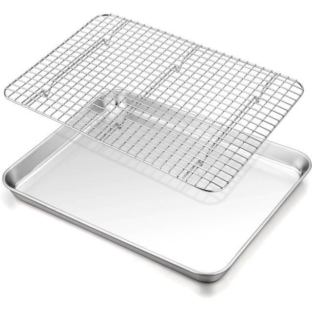 Toaster Oven Pan with Cooling Rack Set .\u\u x \u\u x \u\u Stainless Steel Compact Toaster Oven Small Baking Pan Tray with Mini Grid Rack & HeavyDuty