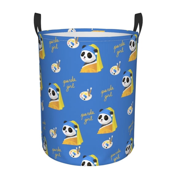 DouZhe Waterproof Collapsible Large Laundry Baskets, Blue Cute Panda Prints Circular Hamper with Handles