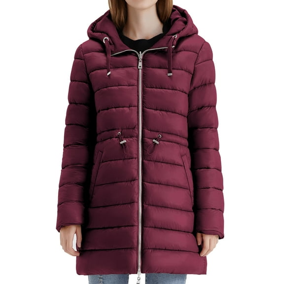 Women's Reversible Puffer Coat - Hooded Parka Coat Winter Warm Long Coat Quilted Puffer Coat with Pockets (Wine, XXL)