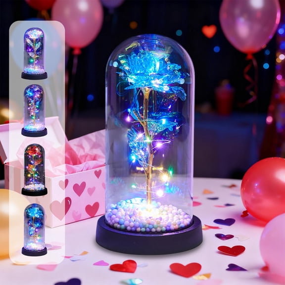 Valentines Day Gold-leaf Rose Glass Dome, 8.3 X 4.3 in, Glass, Gold-plated Artificial Flower, Decorative Display Case, for Home Decor, Centerpiece, Gift Giving, 1 Pc, Blue, by Ihhxbs