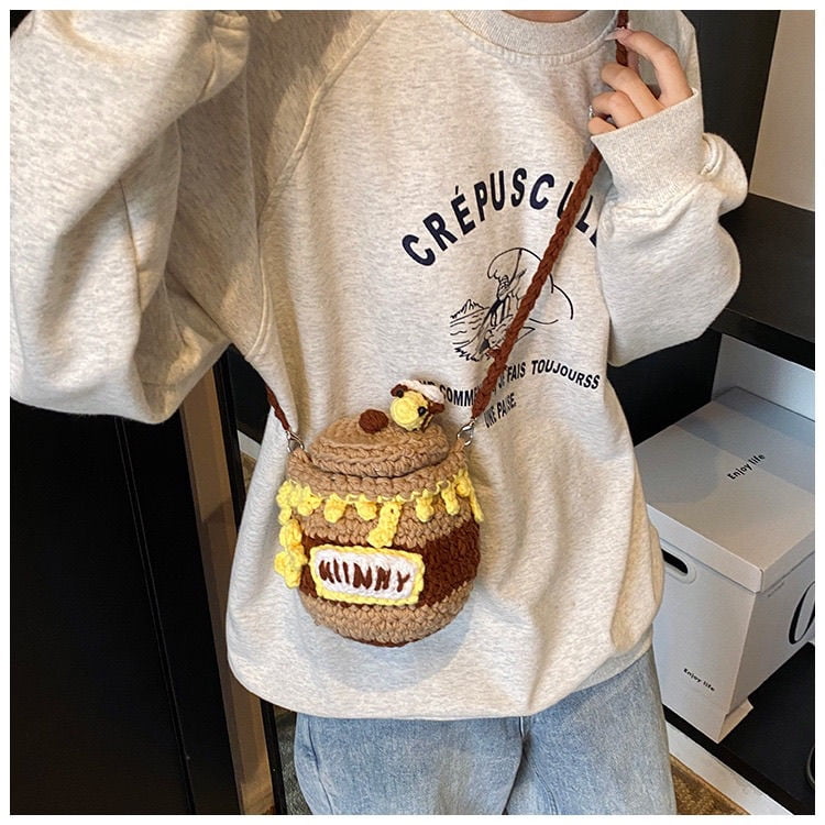 6"x4.7"Lovely Creative Cute Honey jar-shaped Shoulder Storage Crochet Drawstring Bags for Small Cotton Handbag, Coin Purse Pouch, Knitting Change Wallet, Earbuds Protective Case, Gift