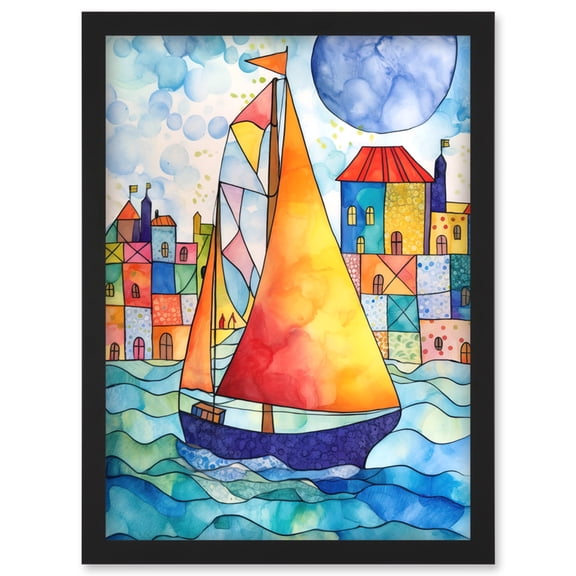 Sailboat By Harbour Folk Art Artwork Framed Wall Art Print A4