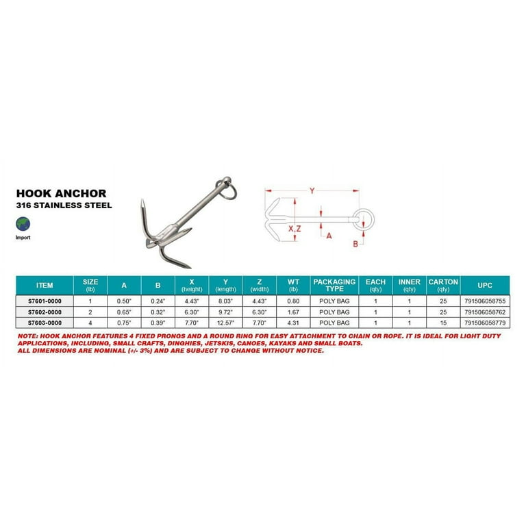 316 STAINLESS HOOK ANCHOR 4 LB, GRAPPLE HOOK ANCHOR, GRAPPLING