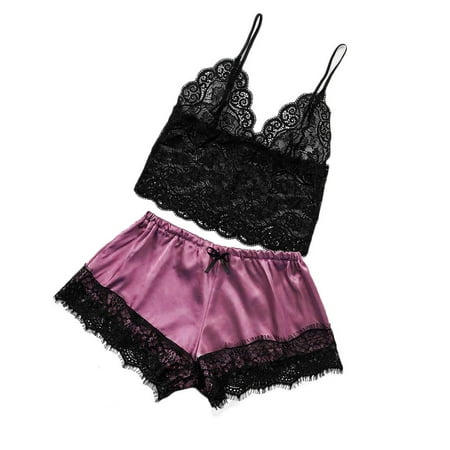 

DNDKILG Women s 2 Piece Pajama Set Lingerie Soft Cami Crop Top Shorts Set Sleepwear Casual Pj Set Hot Pink 2XL