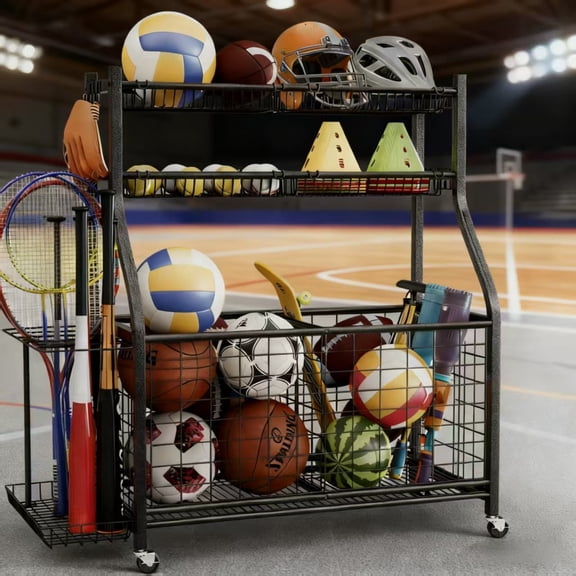 Sports Equipment Organizer, Garage Ball Storage with Baskets and Hooks, Large Toy Organizers and Storage, Outdoor Ball Holder for Baseball, Volleyball Stuff, Basketball Training Equipment