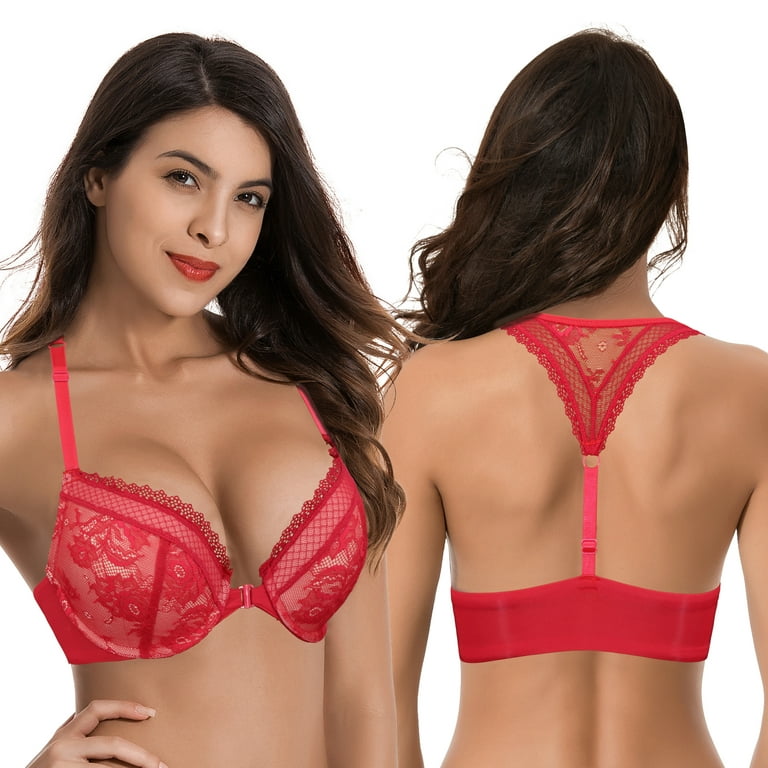 Curve Muse Women's Plus Size Add 1 and a half Cup Push Up Underwire Lace  Bras -2PK-BLACK,RED-42D