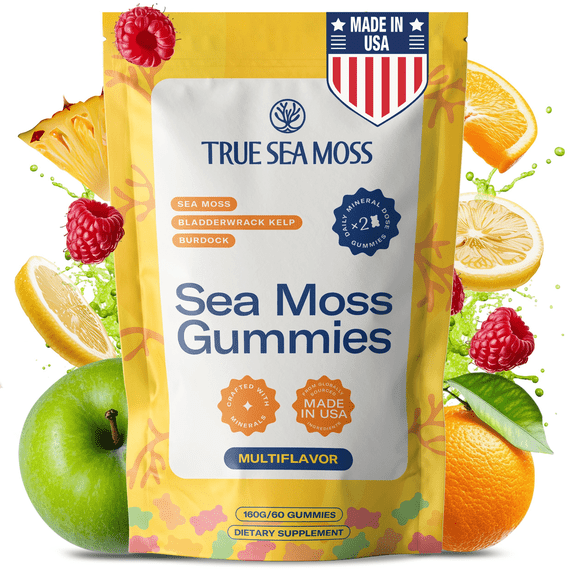 TrueSeaMoss Sea Moss Gummies – Immune Support, Energy Boost, Skin & Hair Health, Detox with Magnesium, Burdock Root & Bladderwrack – 60 Multiflavor Gummies, Made in the USA
