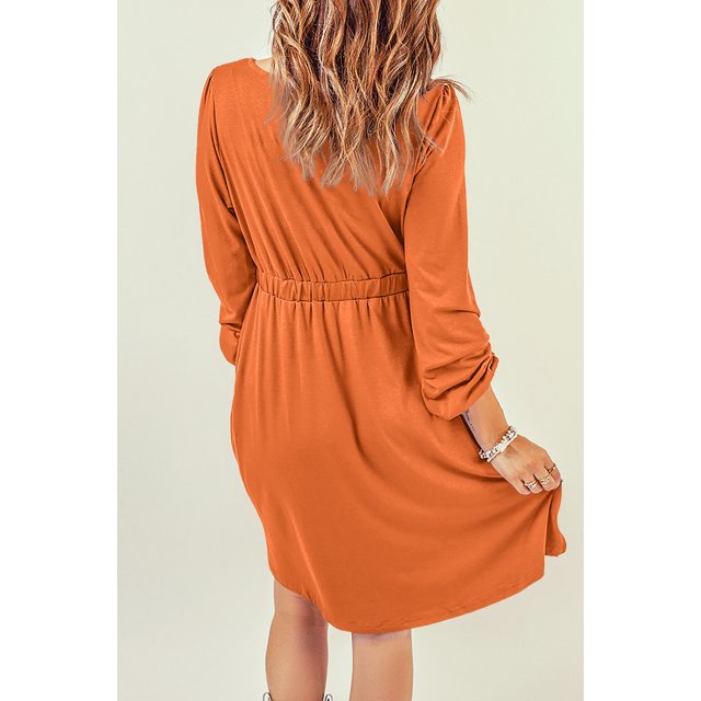 ABPHQTO Vestido naranja de manga larga con botones y cintura alta para mujer