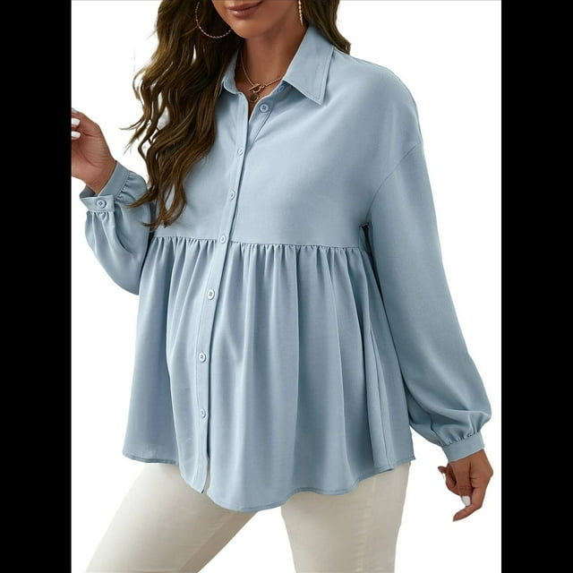 Camisa de Larga con Cuello Alto para Mujer, Otoño e Invierno 2025, Blusa Holgada de Maternidad, Blusa Informal. Azul S