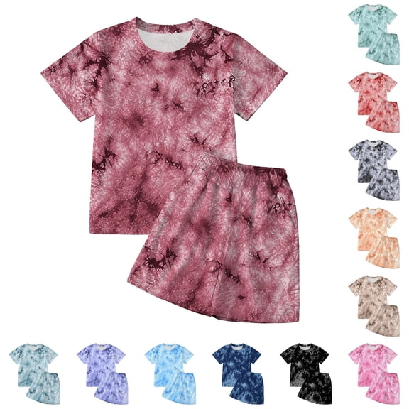 SGMVNU Boys Summer 2 Piece Outfits Tie Dye Casual Shorts Set Short Sleeve T Shirt and Matching Shorts Kids Daily Wear, Size 6-7 Years, Brick Red