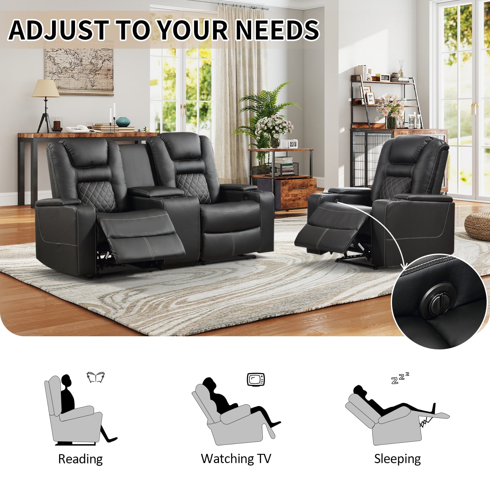 Bonzy Home Electric Power Recliner Loveseat with Console, 2-Seat Theater Seating Living Room Furniture Set, Cup Holders, Hidden Arm Storage, USB Charging Ports, Black
