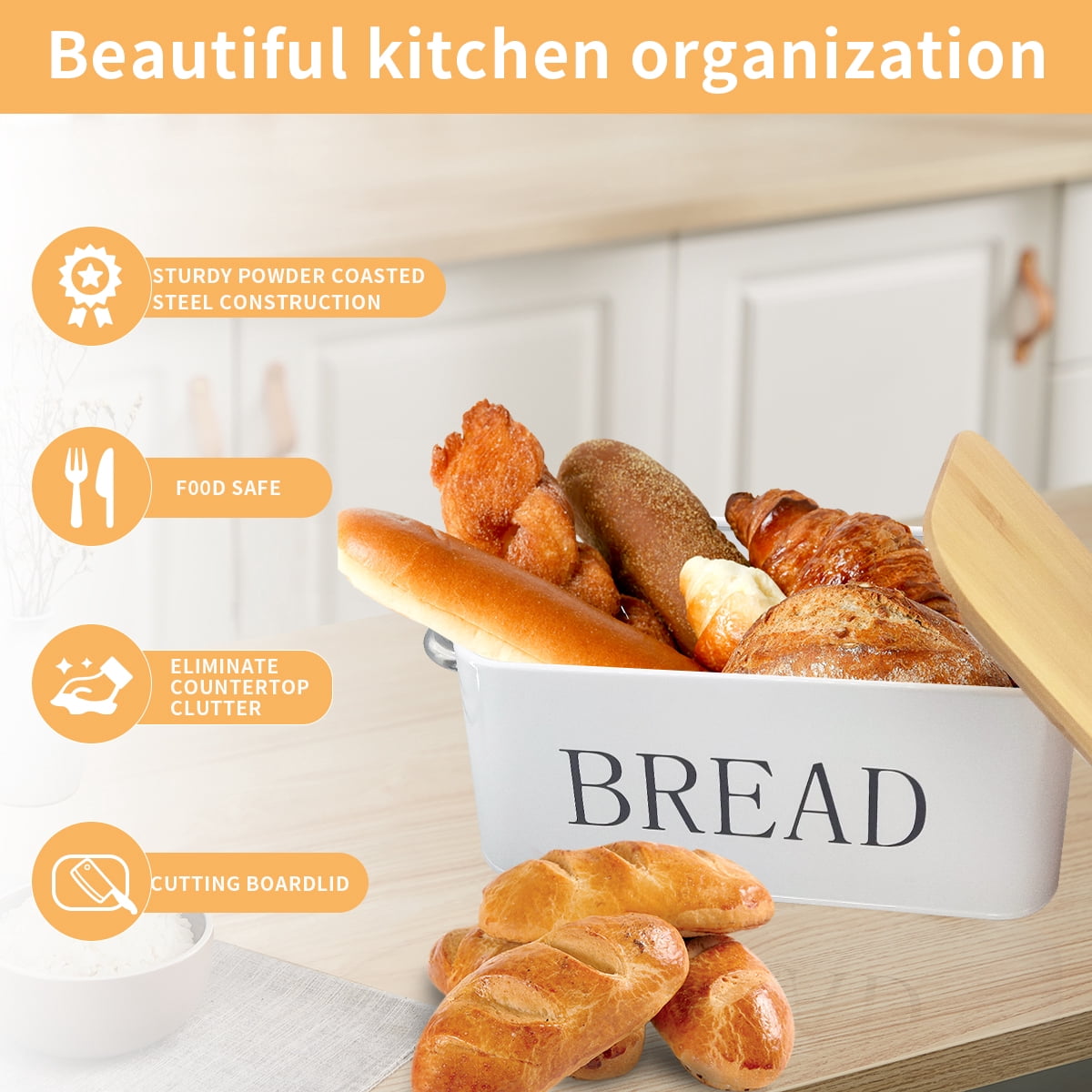 Large Bread Box Metal Bread Box with Cutting Board Lid, Homemade Bread Storage for Kitchen Counters