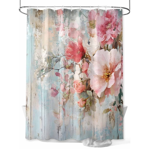 Fsddascl Pink Floral Shower Curtain Set - 36" x 78" Washable Bathtub Curtain with 12 Hooks, Pastoral Flower Garden Vintage Wooden Grain Waterproof Fabric Stall Shower Curtains for Bathroom/Bathtub