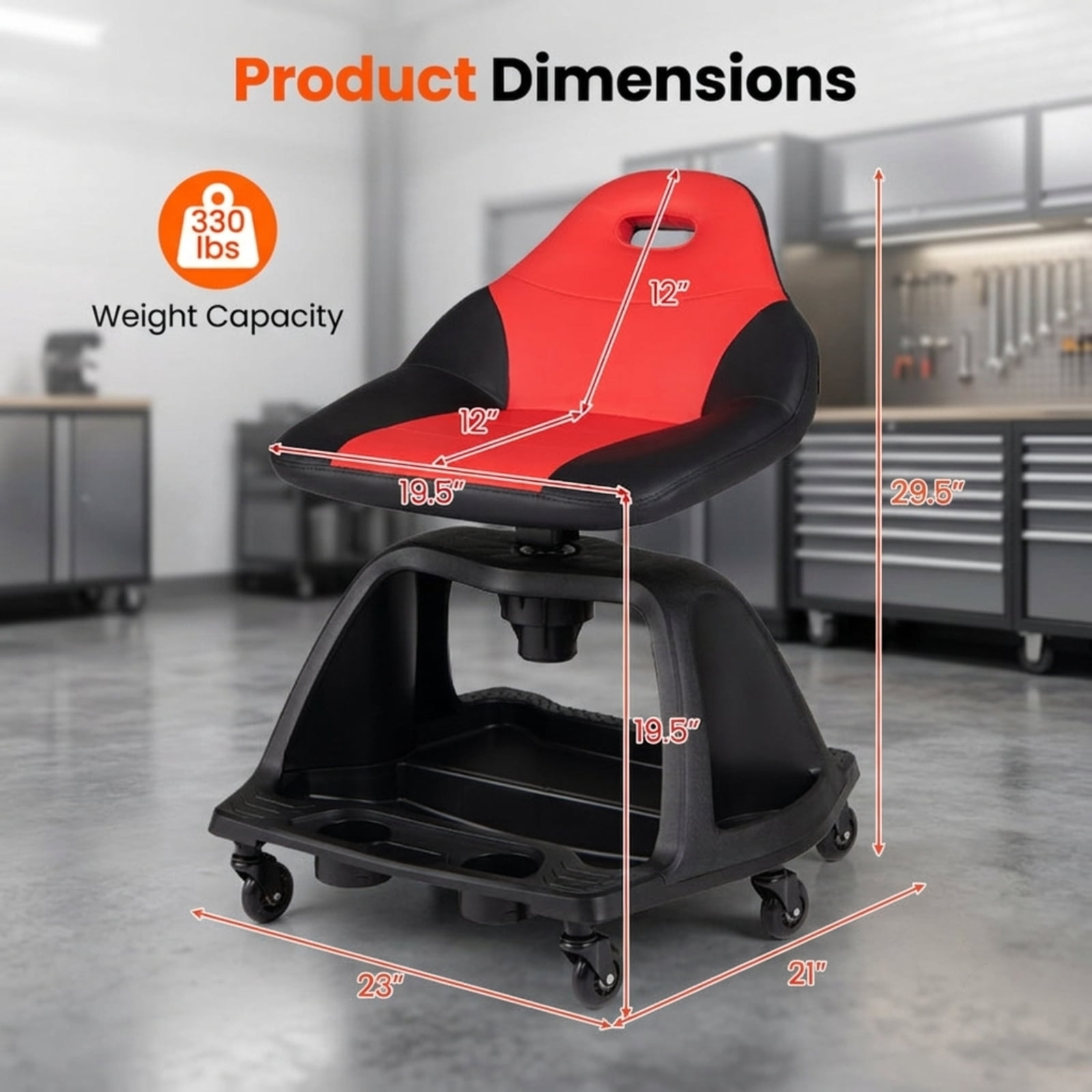 Biotree Rolling Mechanic Stool 29.5" x 23" Adjustable Height Shop Seat for Garage with Tool Tray for Garage Shop, Red