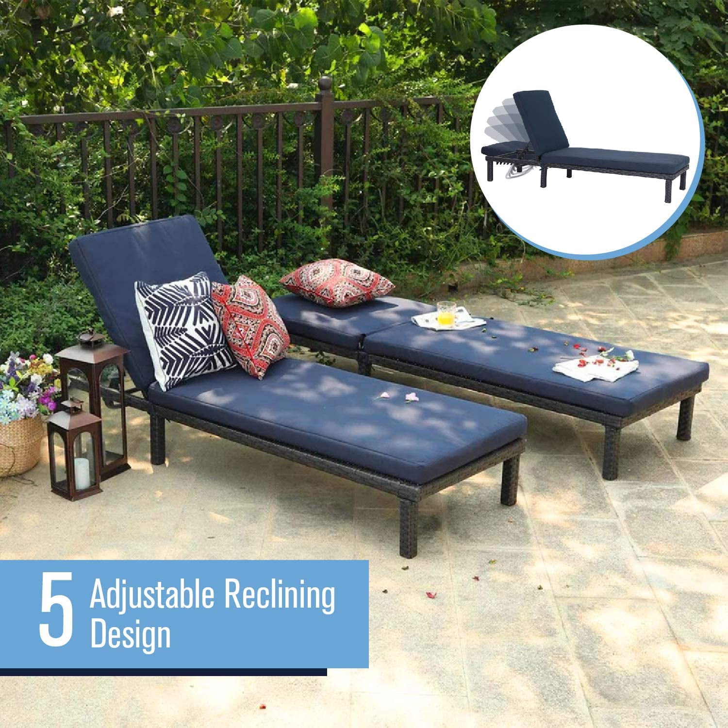 MF Studio Set of 2 Outdoor Patio Adjustable Wicker Chaise Lounge, Navy Blue Sansujyuku sansujyuku.com