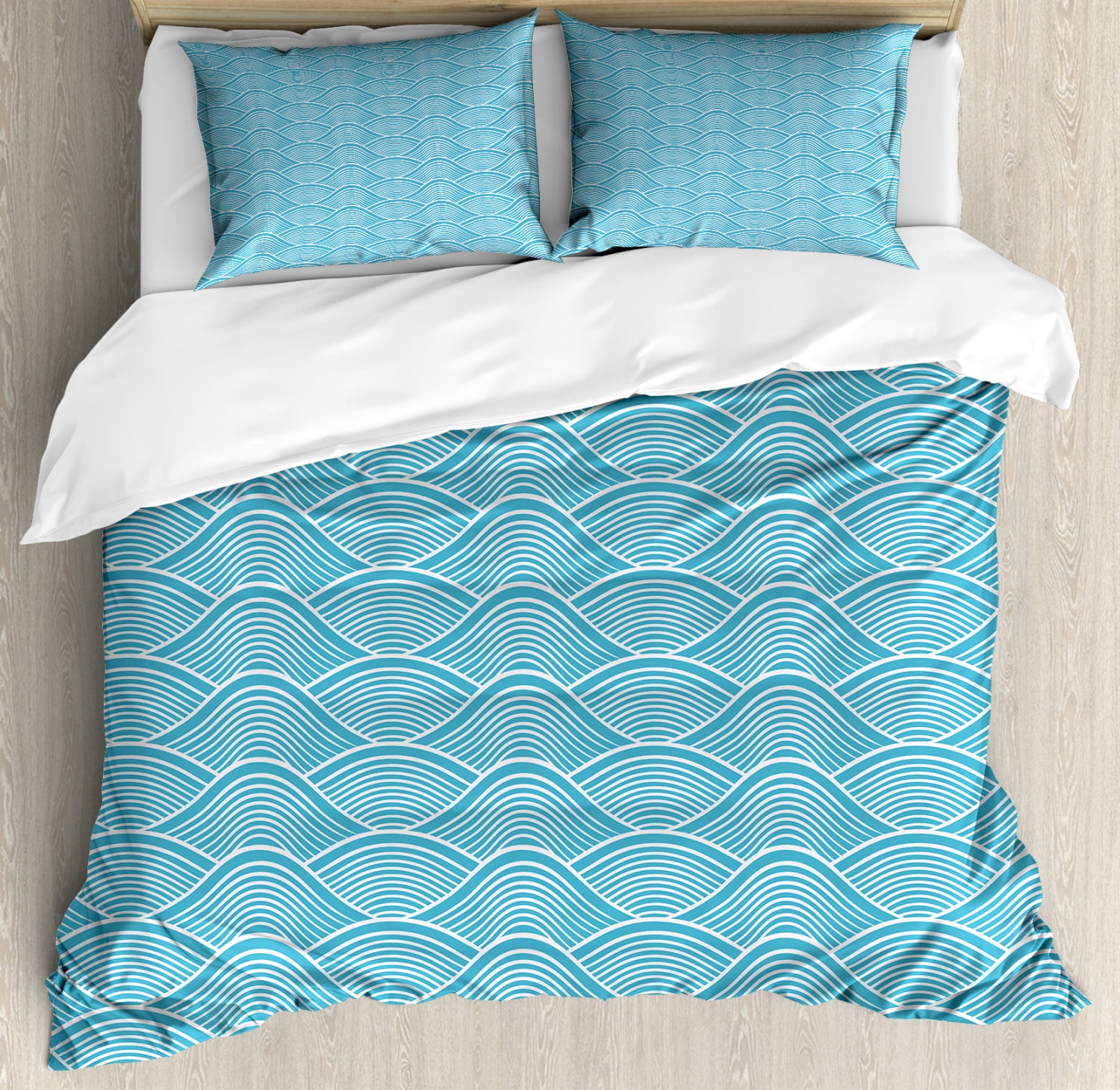 Blue Duvet Cover Set, Ocean Inspired Waves Pattern with Japanese