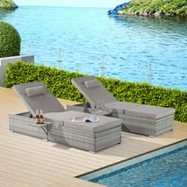 Outdoor Lounge Chairs, Seizeen Rattan Chaise Lounge Set of 2, All-weather Pool Recliner w/Side Table, Light Gray Cushions, Adjustable Backrest