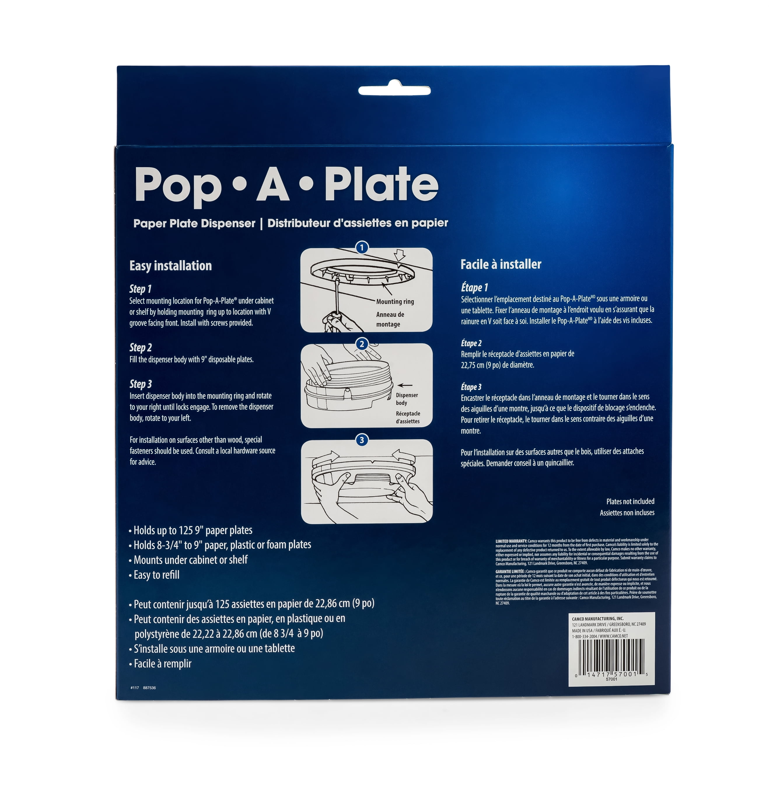 Camco Pop-A-Plate Paper/Plastic Plate Dispener Holds 125, 9 Plates, Mounts  to Walls and Cabinets, Easily Organize and Conserve Space in Your Kitchen,  Perfect for RVs and Trailers, White (57001) 