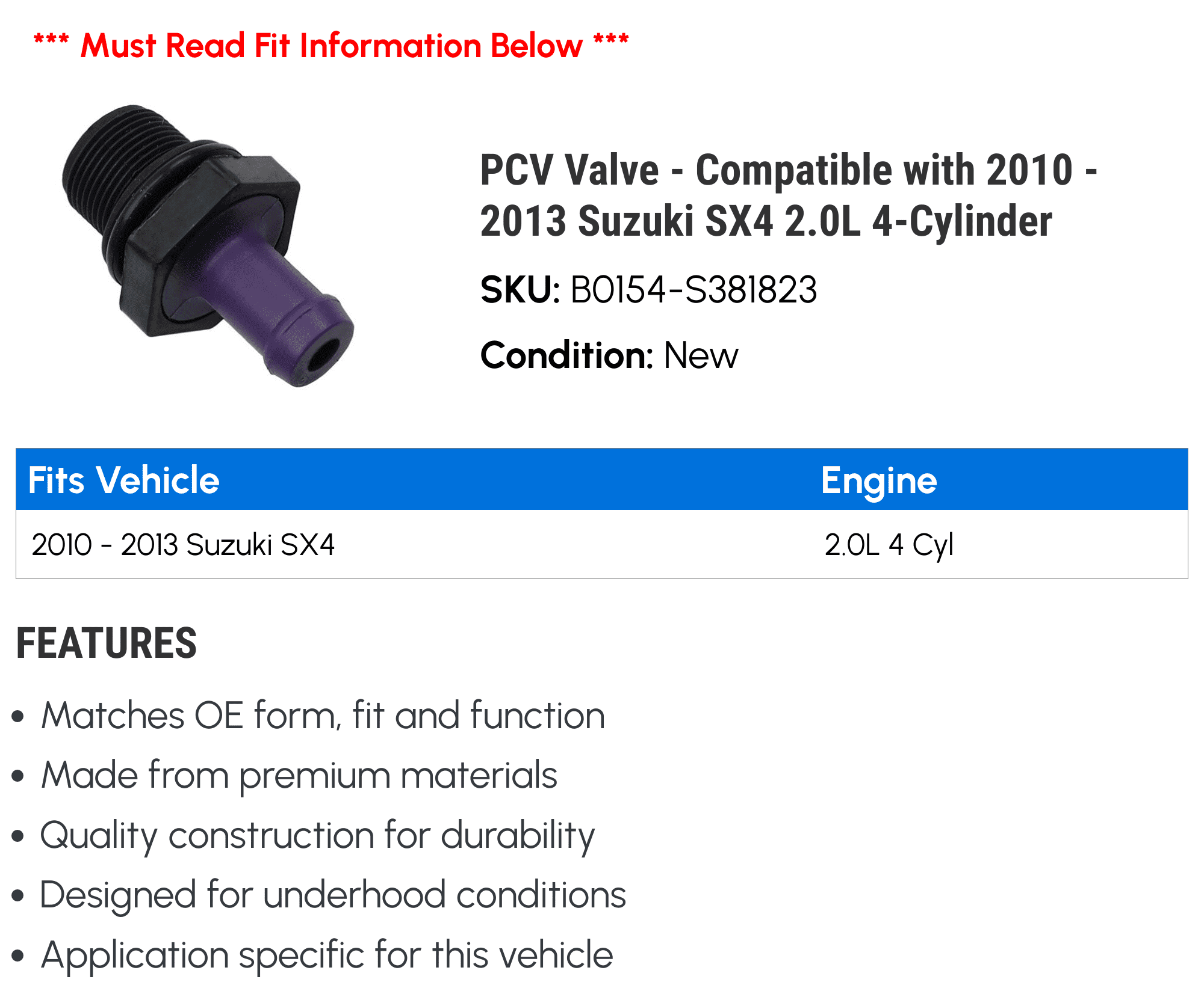 PCV Valve - Compatible with 2010 - 2013 Suzuki SX4 2.0L 4-Cylinder 2011 2012