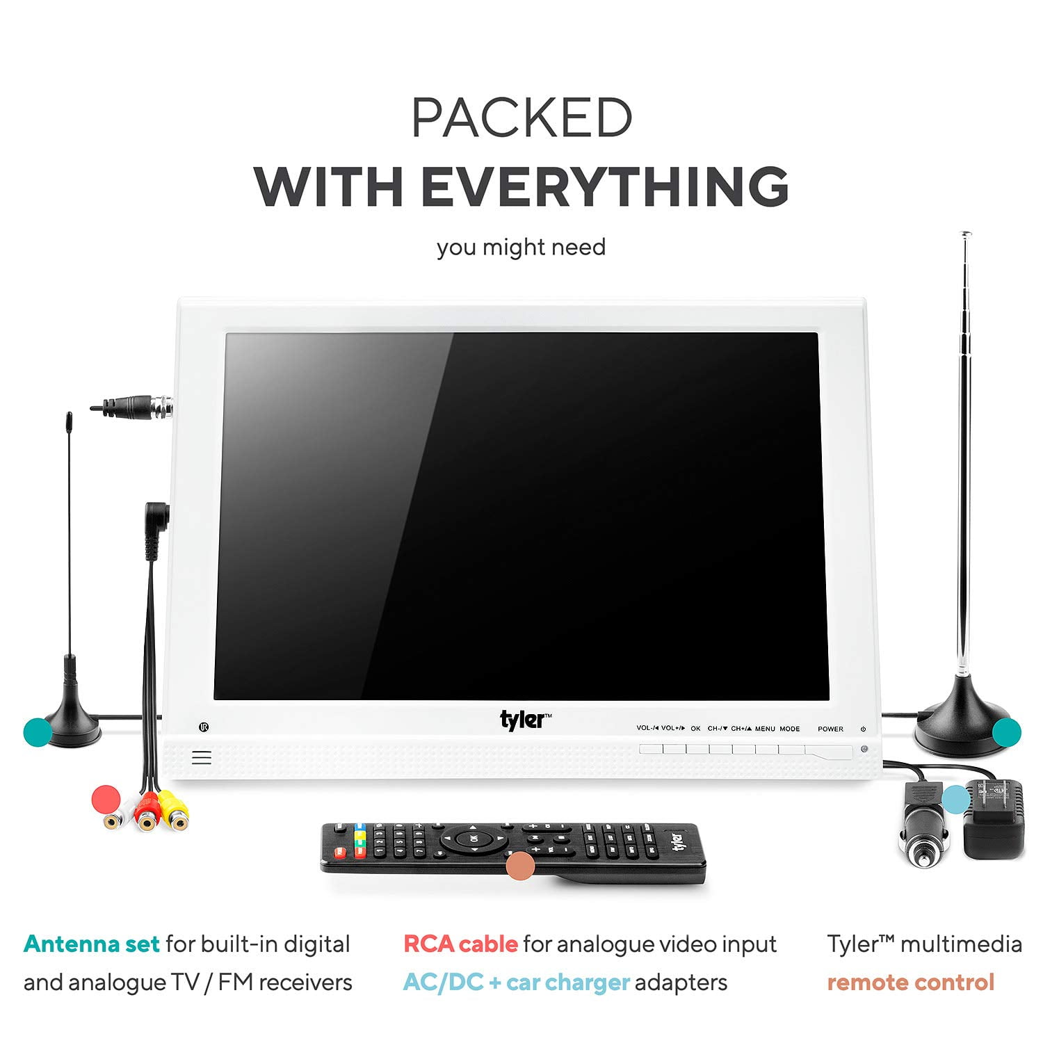 Tyler TTV707-13 13.3" Portable Battery Powered LCD HD TV Television with HDMI, USB, RCA, and SD Card Inputs | White
