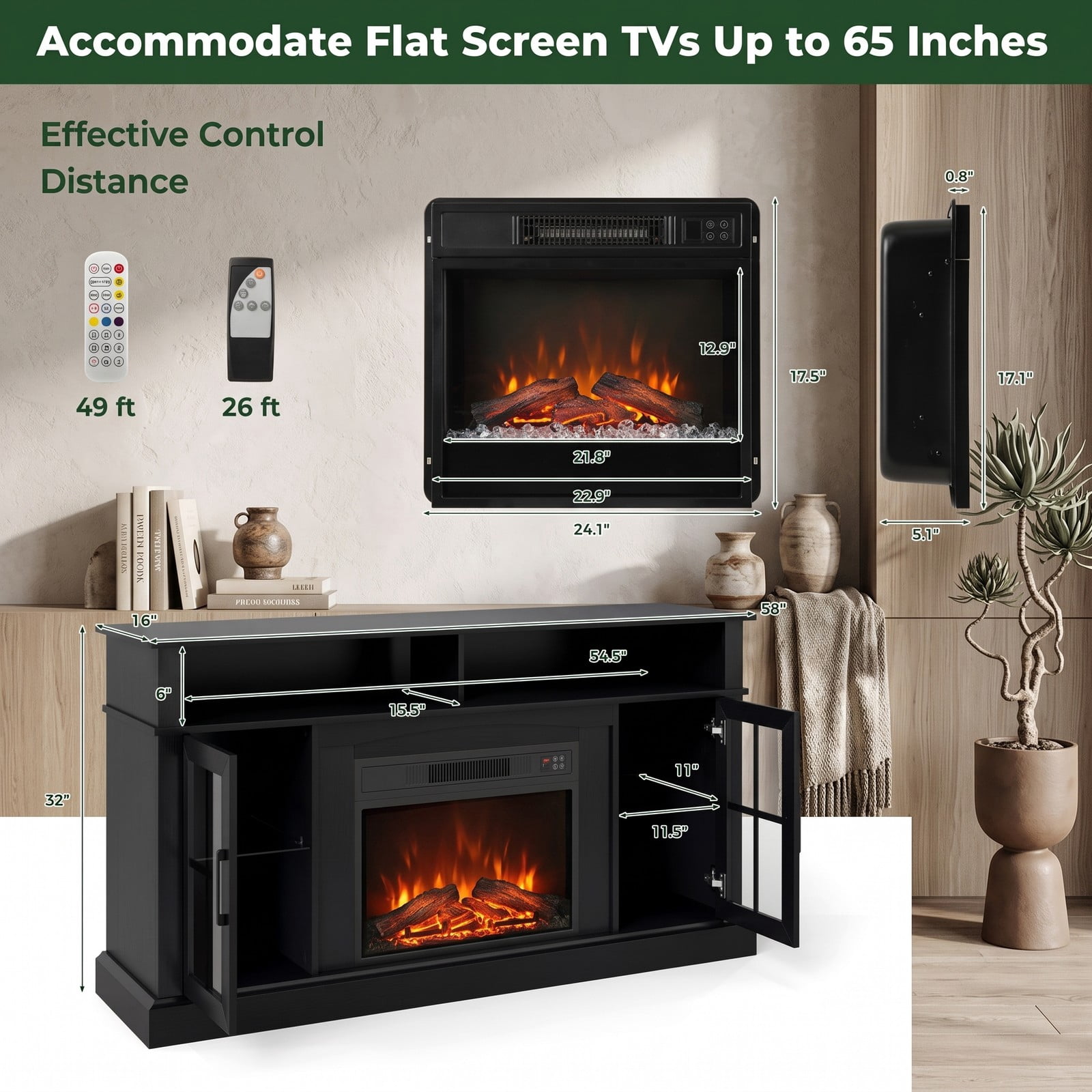 Furnibear 58 Inch Fireplace TV Stand with 4777 BTU Electric Fireplace, RGB LED Lights, Storage Cabinets and Tempered Glass Doors for TVs up to 65 Inch, Living, Black